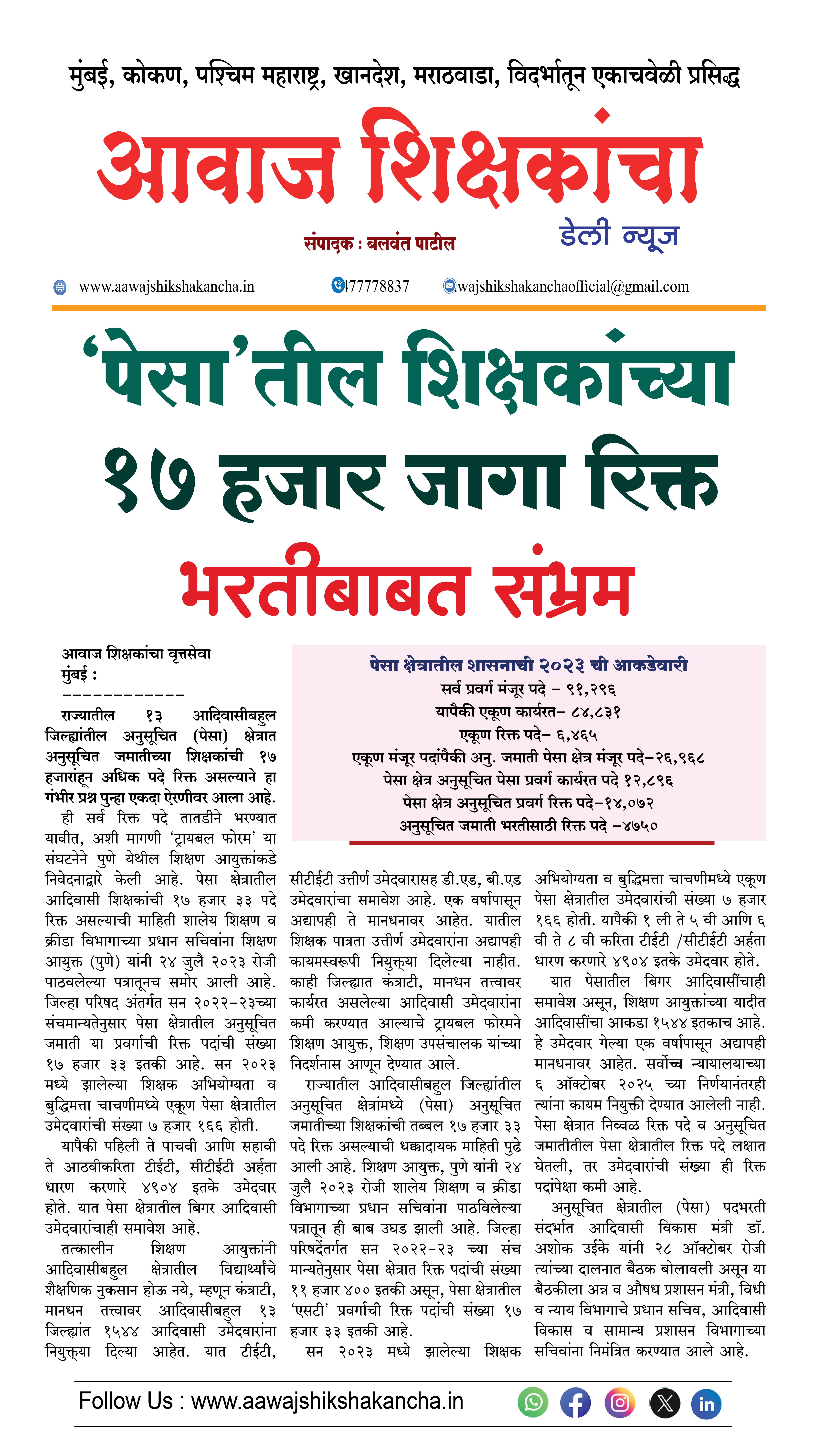 'पेसा'तील शिक्षकांच्या १७ हजार जागा रिक्त  भरतीबाबत संभ्रम