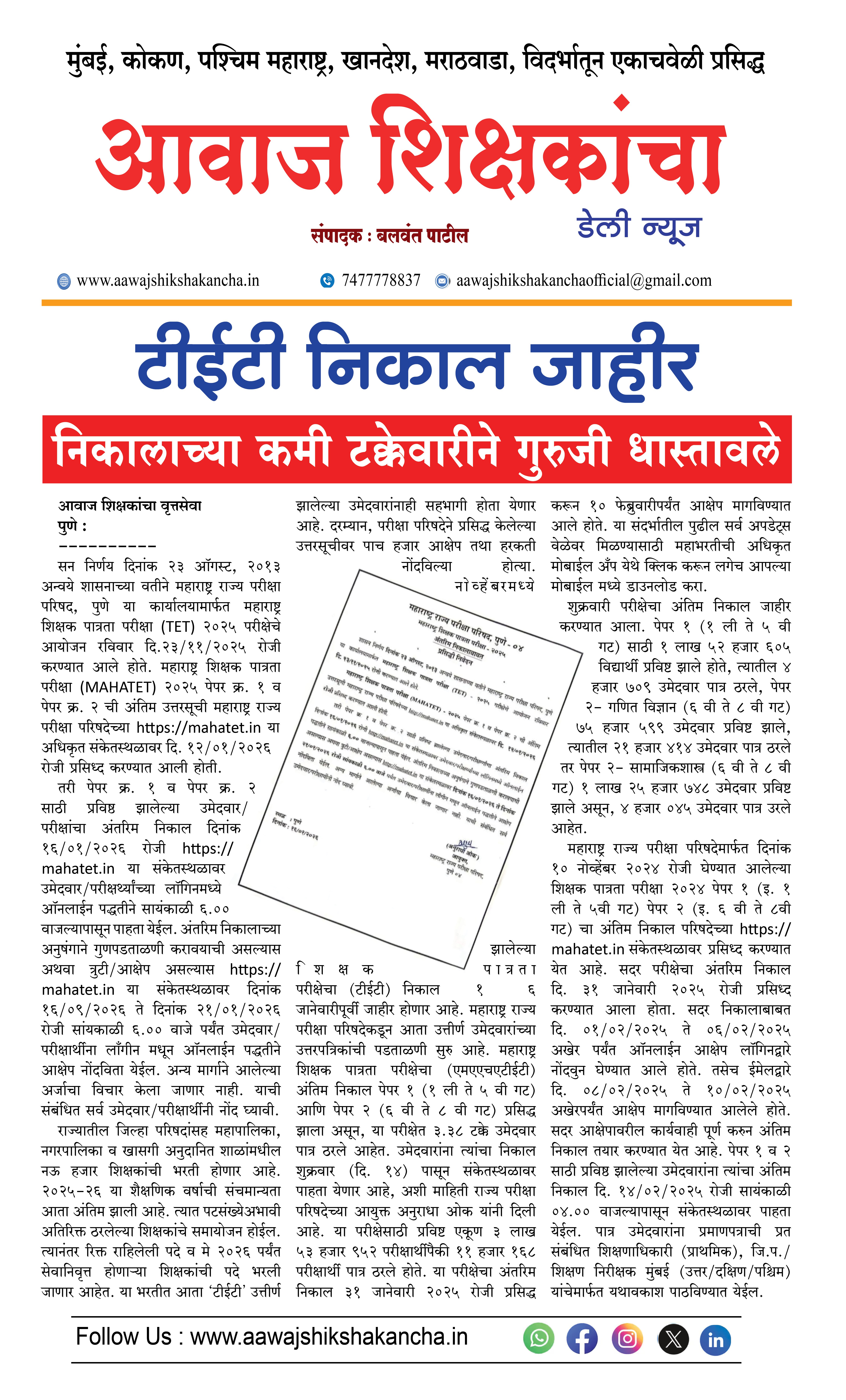 टीईटी निकाल जाहीर,  निकालाच्या कमी टक्केवारीने गुरुजी धास्तावले