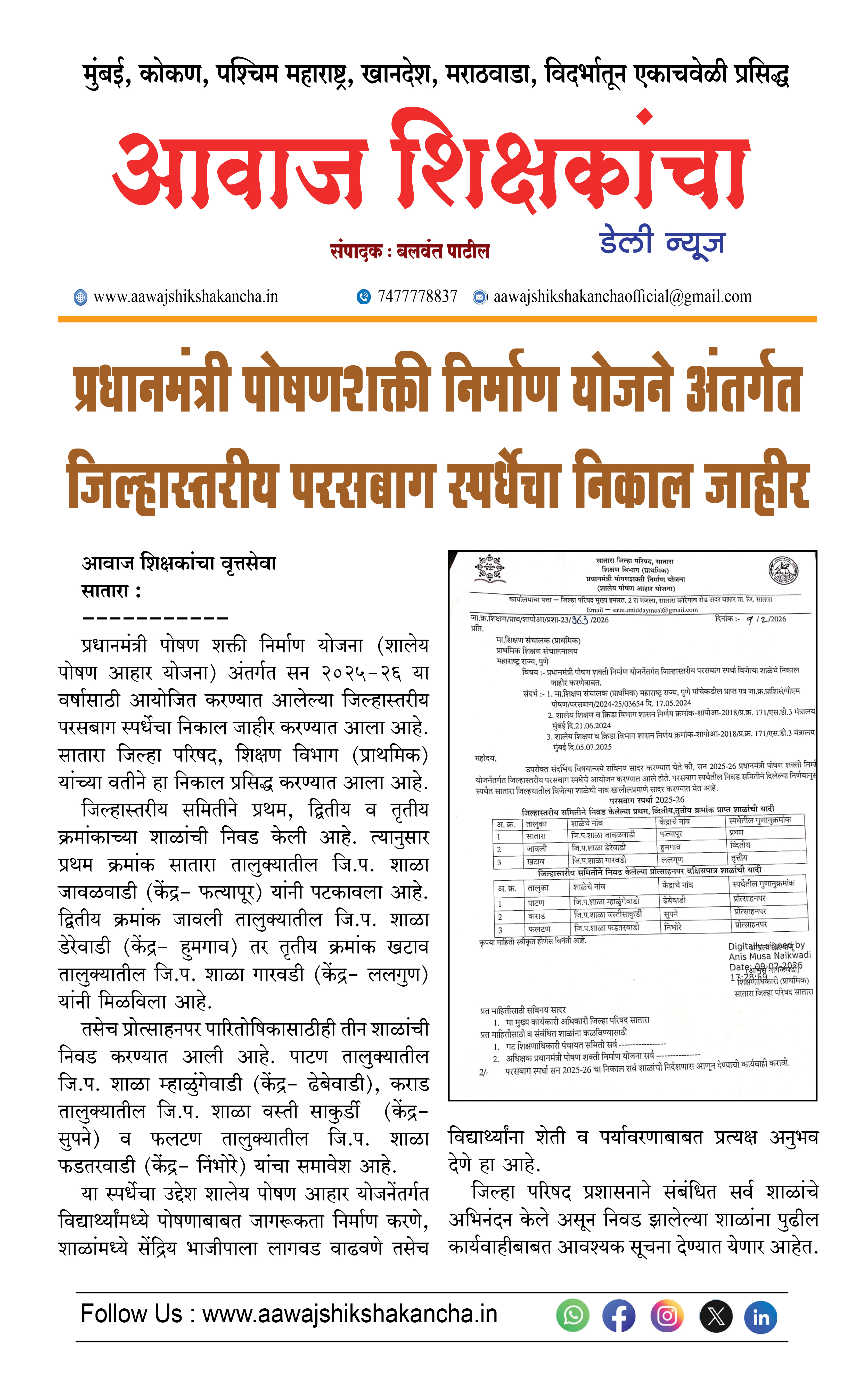 जिल्हास्तरीय परसबाग स्पर्धेचा निकाल जाहीर