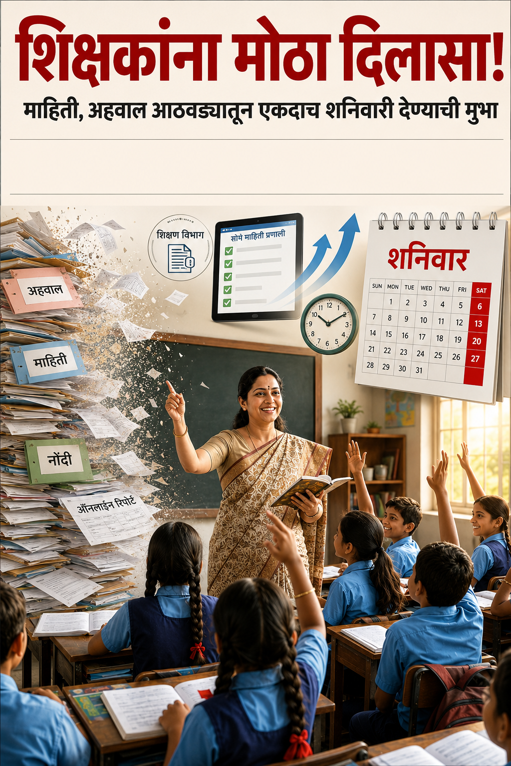 शिक्षकांना मोठा दिलासा, माहिती, अहवाल आठवड्यातून एकदाच शनिवारी देण्याची मुभा